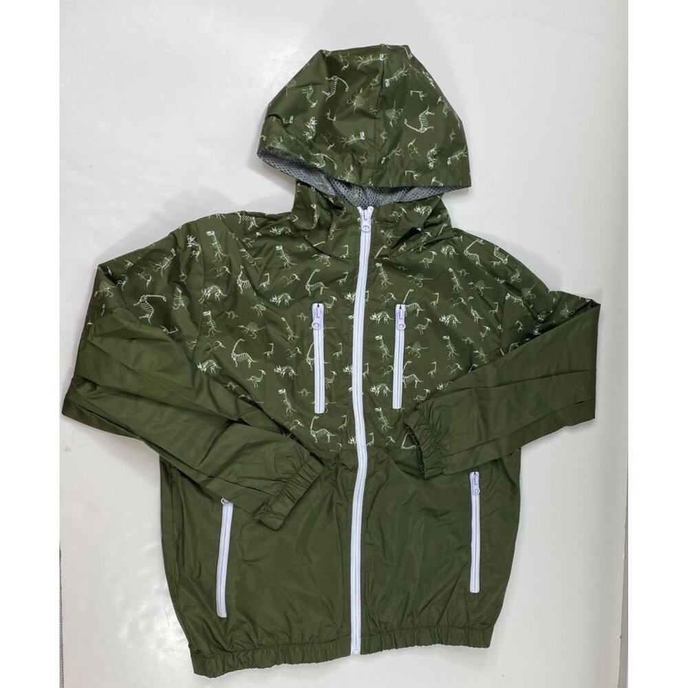 Bocini Boys Dinosaur Print Green Hooded Windbreaker With Pockets Zippers Size XL